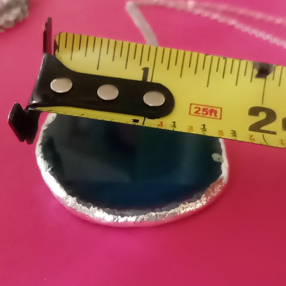Large Teal blue agate stone necklace 24 inch box chain.silver tone. - Picture 10 of 10